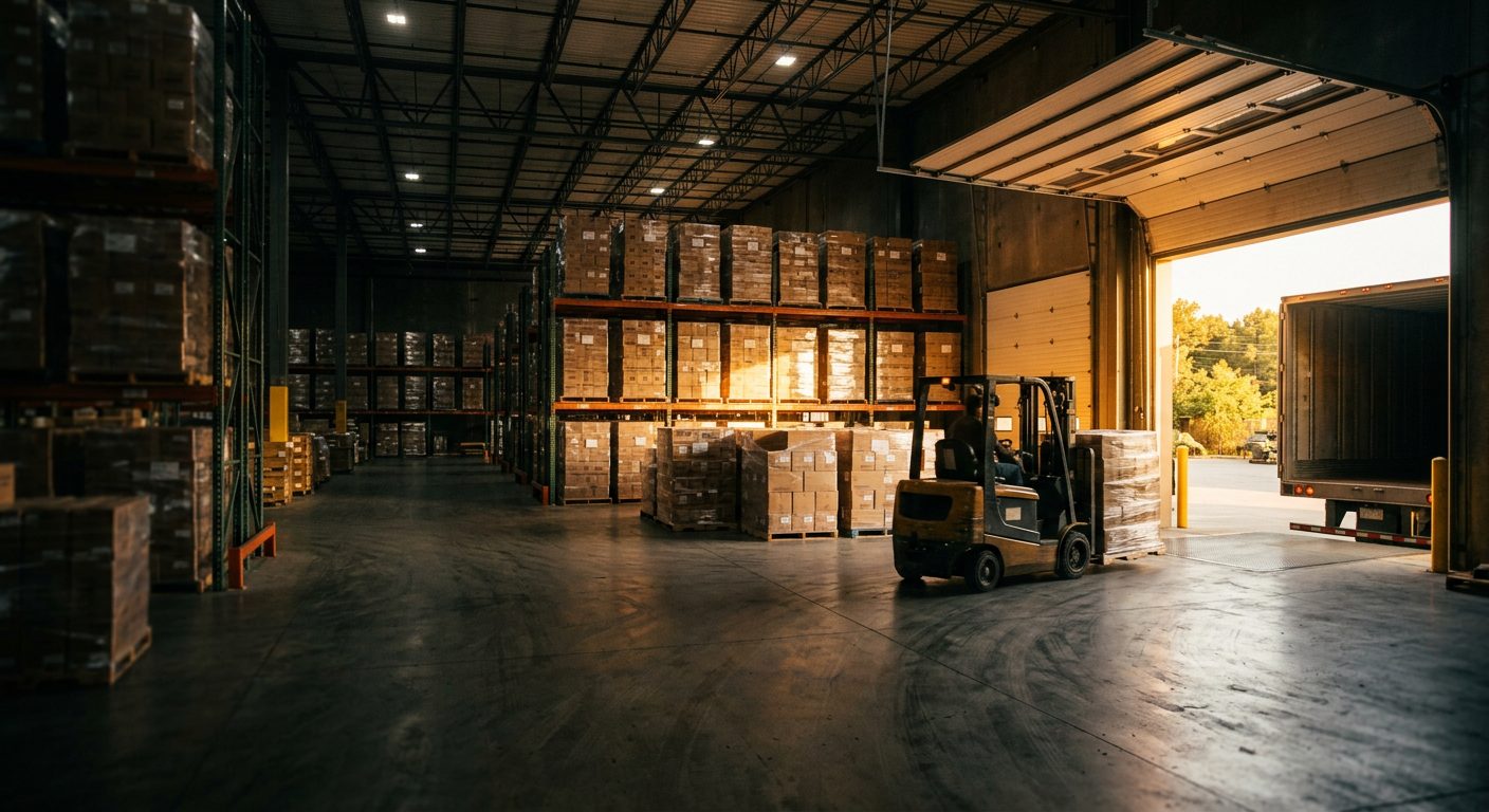 A warehouse loading dock with stacked pallets and a forklift